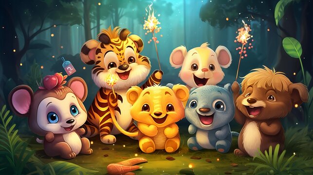Cartoon animals in the jungle with sparklers and fireworks celebrated new year generated with AI