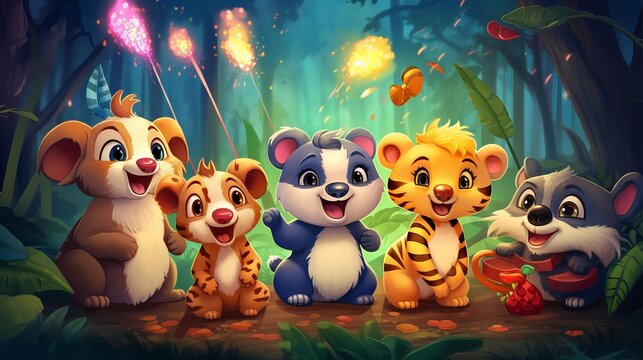 Cartoon animals in the jungle with sparklers and fireworks celebrated new year generated with AI
