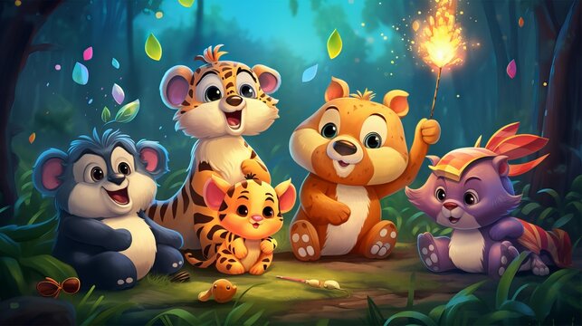 Cartoon animals in the jungle with sparklers and fireworks celebrated new year generated with AI