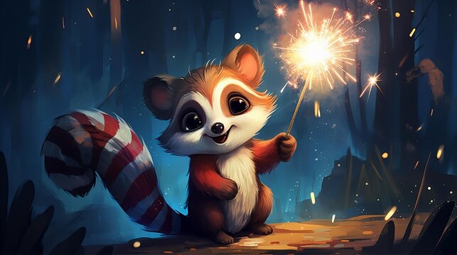 Racoon character playing fireworks celebrated new year generated with AI