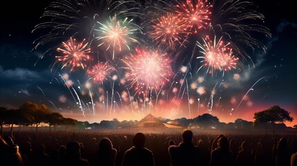 Colorful fireworks on the night sky with city skyline background celebrated new year generated with AI