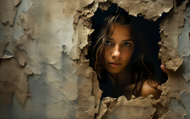 A distressed young woman hides behind a hole in the wall. Young woman with a look of worry, fear and anxiety behind a refuge in the darkness. - obrazy, fototapety, plakaty
