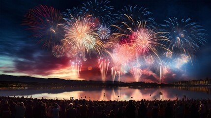 Colorful fireworks on the night sky with city skyline background celebrated new year generated with AI