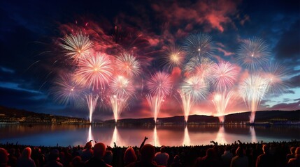 Colorful fireworks on the night sky with city skyline background celebrated new year generated with AI