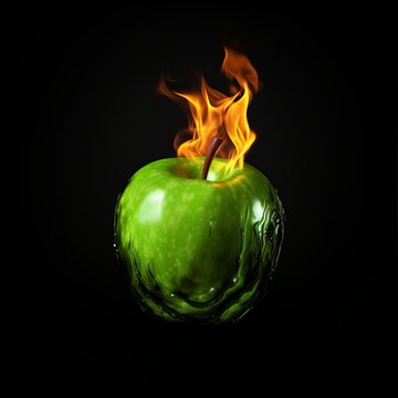 Green apple on fire, isolated on black, concept image, environmental and global warming climate change. Generative AI
