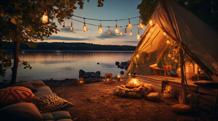 湖畔の夕暮れの中でランタンをたくさんかざっているティピーテントでのおしゃれなギアのキャンプ - obrazy, fototapety, plakaty
