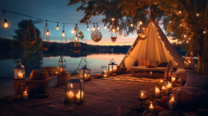 湖畔の夕暮れの中でランタンをたくさんかざっているおしゃれキャンプ