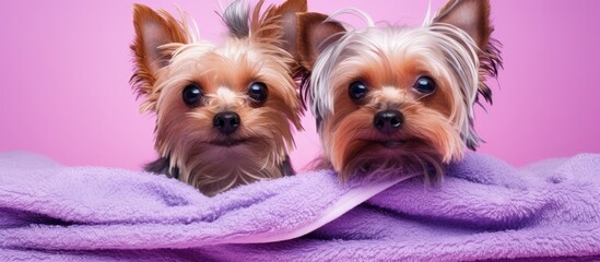 Wet Yorkies in a towel with pink backdrop Pet grooming Copy space