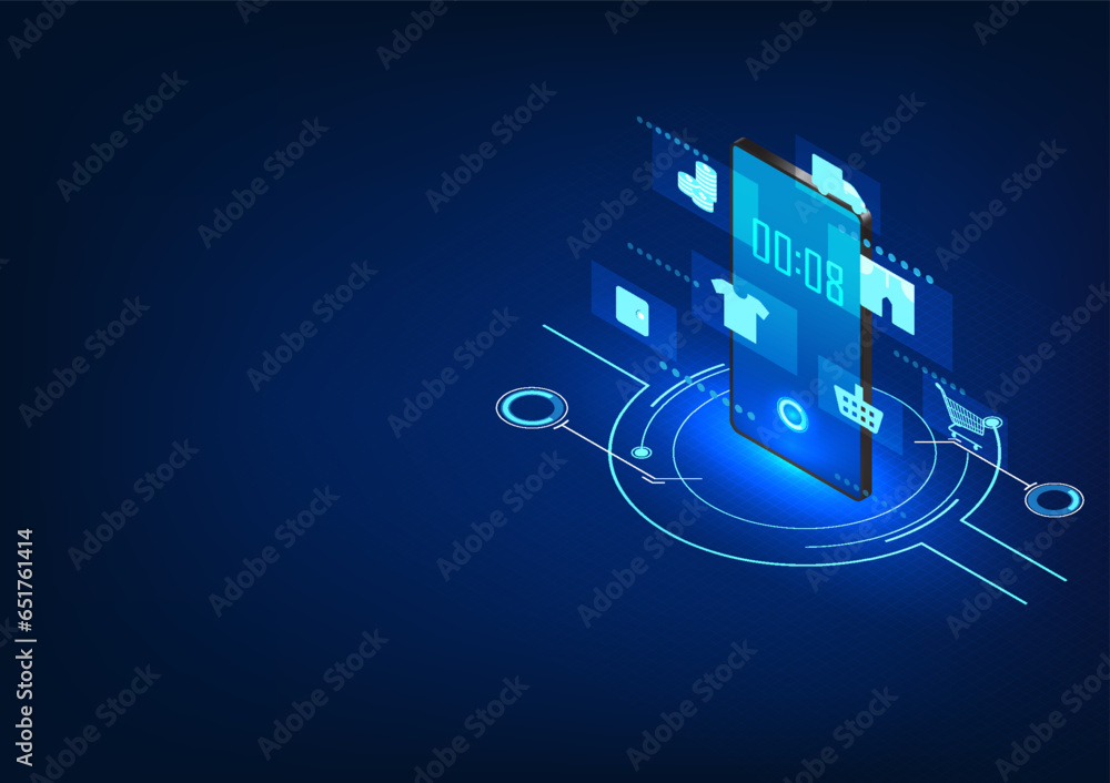 Poster smartphone technology mobile phone with shopping icon on screen ordering products online via the int