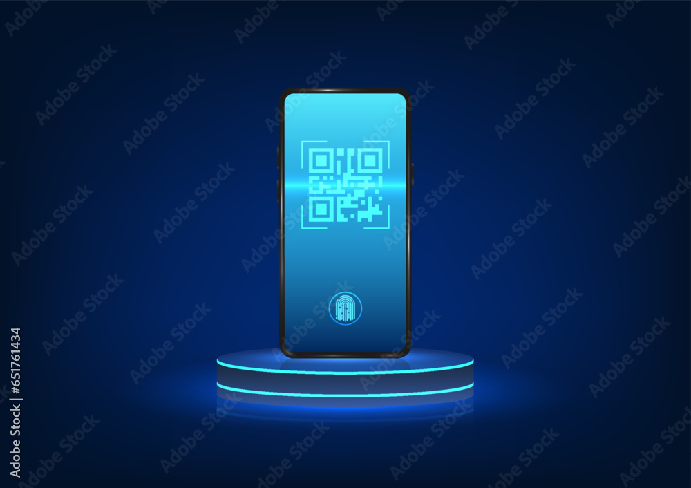 Poster smartphone technology a mobile phone was placed on a podium with the screen scanning a qr code. you 