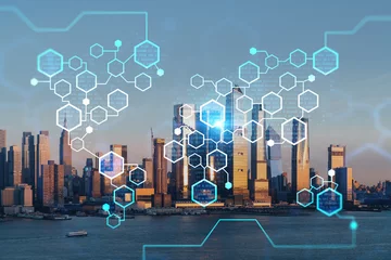 Cercles muraux Etats Unis New York City skyline from New Jersey over Hudson River with Hudson Yards skyscrapers at sunset. Manhattan, Midtown. Decentralized economy. Blockchain, cryptography, cryptocurrency concept, hologram