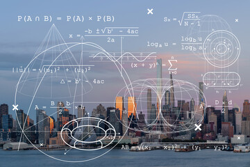 New York City skyline from New Jersey over Hudson River, Midtown Manhattan skyscrapers at sunset, USA. Technologies and education concept. Academic research, top ranking university, hologram - obrazy, fototapety, plakaty
