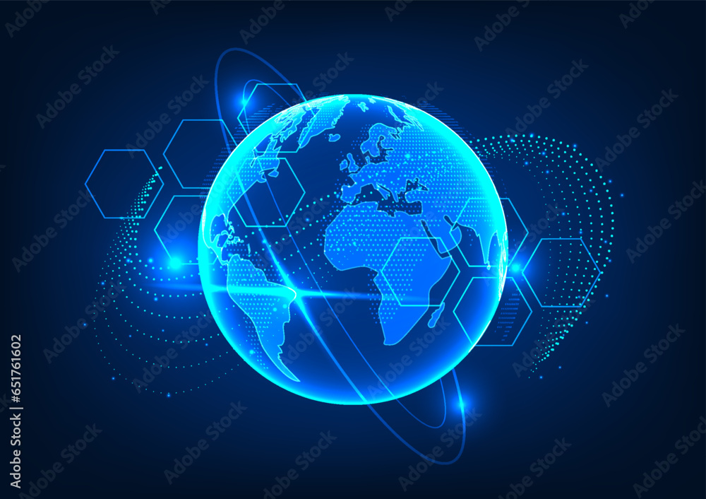 Poster world technology. a globe with line elements surrounding it. it shows the development of technology 