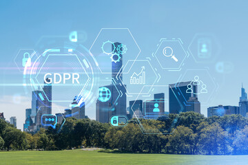 Green lawn at Central Park and Midtown Manhattan skyline skyscrapers at day time, New York City, USA. GDPR hologram, concept of data protection, regulation and privacy for all individuals