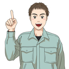 The facial expression of a male maintenance staff raising his index finger