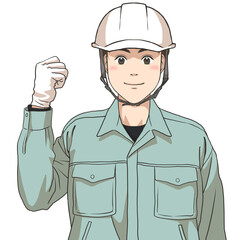 The facial expression of a male maintenance staff energized and motivated, wearing a safety helmet and gloves