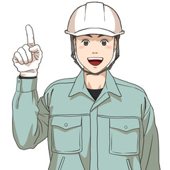 The facial expression of a male maintenance staff raising his index finger, wearing a safety helmet and gloves