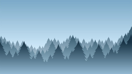Pine forest in the mist vector illustration. Pine forest in the mountain silhouette landscape. Pine forest landscape for background, wallpaper or landing page. Coniferous panorama night scene