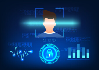 Facial scanning technology to access important information that requires identification in order to use It's an image of a person scanning their face with a code lock surrounding it.