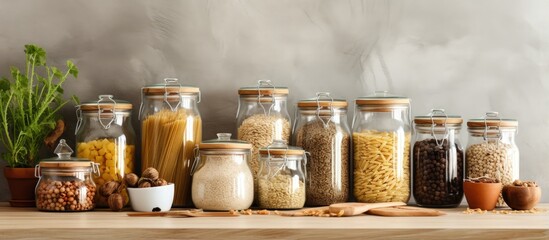 Variety of grains cereals and pasta in glass jars with kitchen utensils on wooden table Promoting health sustainability zero waste storage and eco friendly concept