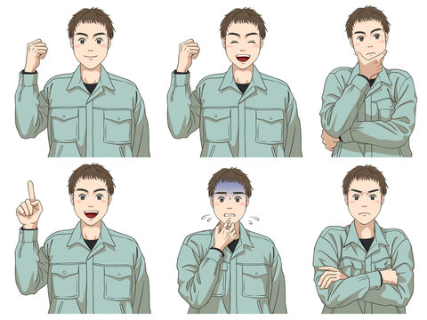 A set of various facial expressions of a male maintenance staff