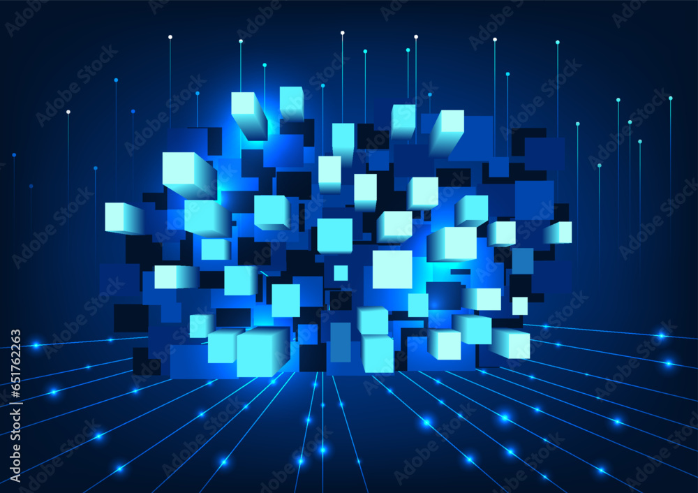 Poster metaverse technology background square geometric shapes arranged together with supporting elements. 