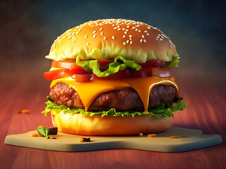 Big sandwich - hamburger burger with beef an amazing delicious cheese burger Ai generated. - obrazy, fototapety, plakaty