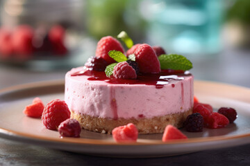 Slice of raspberry cheesecake on a plate, AI Generated