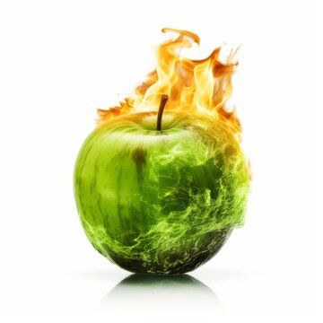 Green apple on fire, isolated on white, concept image, environmental and global warming climate change. Generative AI
