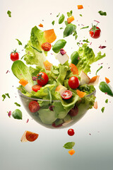 Salad flying ingredients on white background, AI Generated