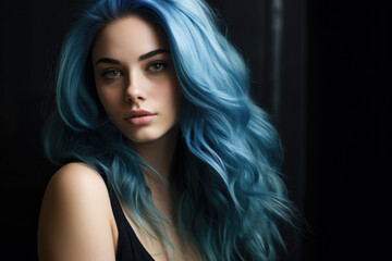 Fototapeta premium Young woman with blue hair, portrait