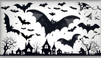 Spooky black halloween bats white background silhouette orange bats bats flying on a white background