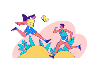 People exercising healthy running vector internet operation illustration