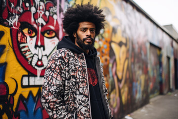Black man with an afro, standing in front of a graffiti-covered wall