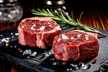Raw beef filet Mignon steak on a wooden Board with peppers and herbs, AI Generated