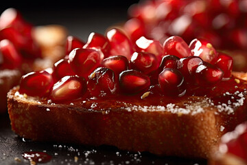 Pomegranate toast, macro shot of a fresh breakfast with Dripping Honey, AI Generated