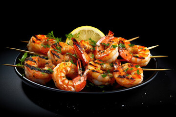 Plate of shrimp with lemon wedges on the side , Generative AI