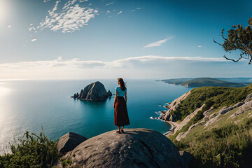 Woman standing on a big rock and watching the sea from hill - Generative AI