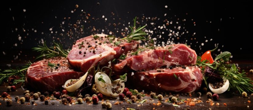 Flying spices and herbs over raw beef steaks on wooden table splashing on black background