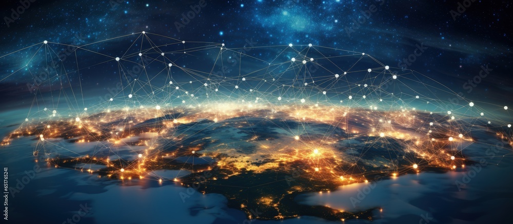 Poster earth is circled by a digital web of data seen from space courtesy of artificial intelligence