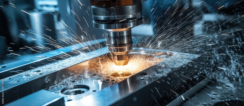 Poster using cnc turning machines to cut metal in the industrial sector while minimizing water splashing