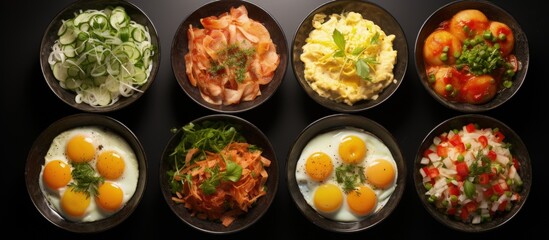 Different methods of cooking chicken eggs including omelette poached soft boiled hard boiled fried and scrambled eggs Overhead and close up shots