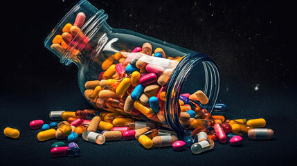 Medicine bottle spilling colorful pills depicting addiction risks, AI Generated - obrazy, fototapety, plakaty