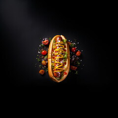 A delicious hot dog on a black background highlighting the food, top view
