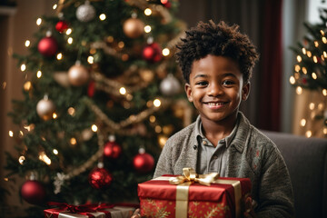 Joyful Black Child Holding Christmas Gift