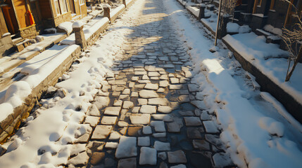 Overhead view - drone footage - looking straight down - cobblestone street - snow - Christmas - festive - highway - road - flurries 