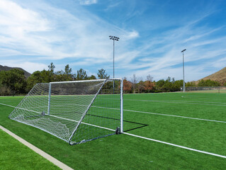 Rear angle view of soccer goal looking down field