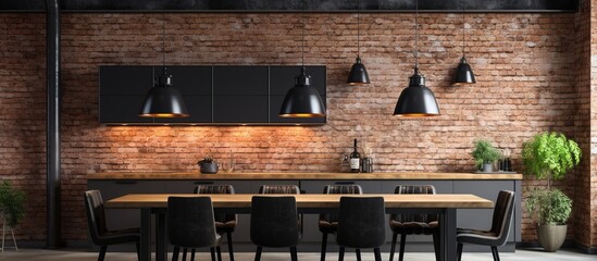 Modern loft kitchen with industrial brick wall wooden dining table and black pendant lamp