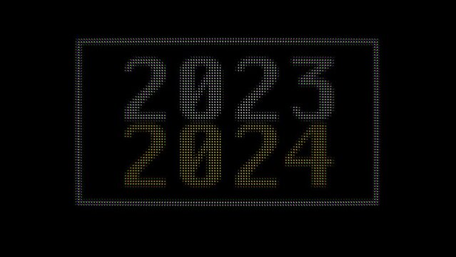 Happy new year 2023 text. Colorful neon glowing light 2023 number looped animation on black background.