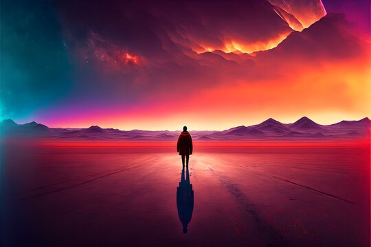 behind view of traveller walking into the distance across the horizon figure in centre of the image image taken at eye level wide camera view scifi landscape dusk very zoomed out view dreamscape 